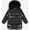 Long Metallic Puffy Coat, Black - Jackets - 1 - thumbnail