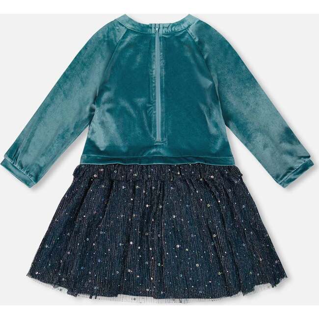Long Sleeve Bi-Material Velvet and Pleated Mesh Dress, Teal Blue - Dresses - 3