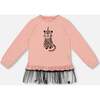 Long Bi-Material Top with Mesh Ruffle Hem and Leopard Print, Dusty Pink - Sweatshirts - 1 - thumbnail