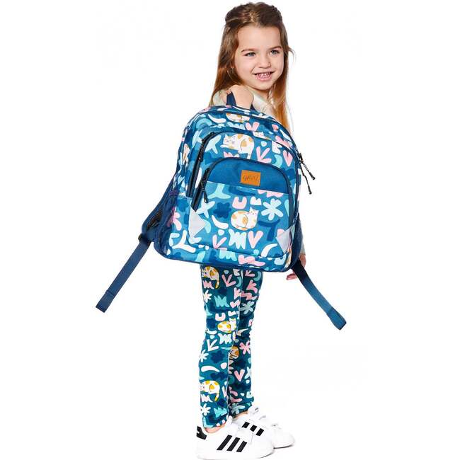 Little Kids Backpack, Green Cat Print - Backpacks - 2