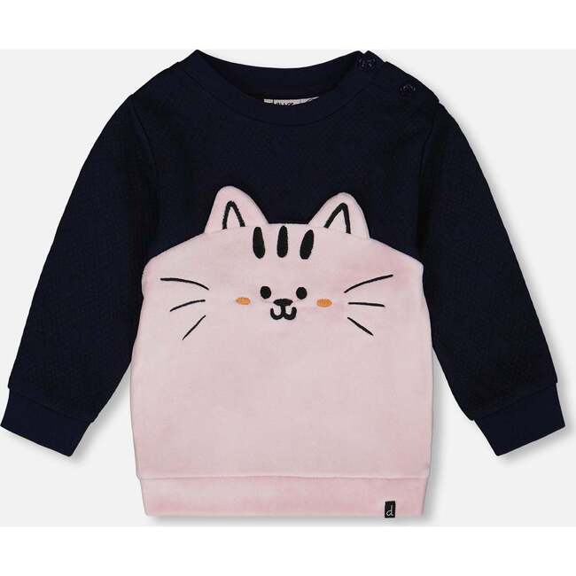 Long Bi-Material Top with Cat, Dark Blue