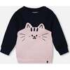 Long Bi-Material Top with Cat, Dark Blue - Sweatshirts - 1 - thumbnail
