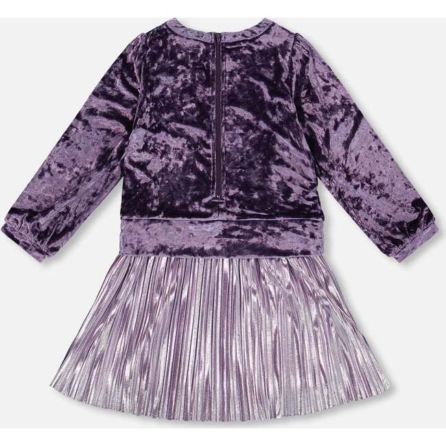 Long Sleeve Bi-Material Velour and Jersey Dress, Purple Gray - Dresses - 3