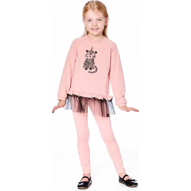 Long Bi-Material Top with Mesh Ruffle Hem and Leopard Print, Dusty Pink - Sweatshirts - 2