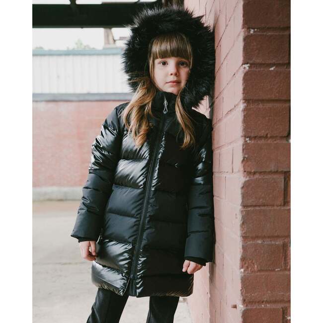 Long Metallic Puffy Coat, Black - Jackets - 2