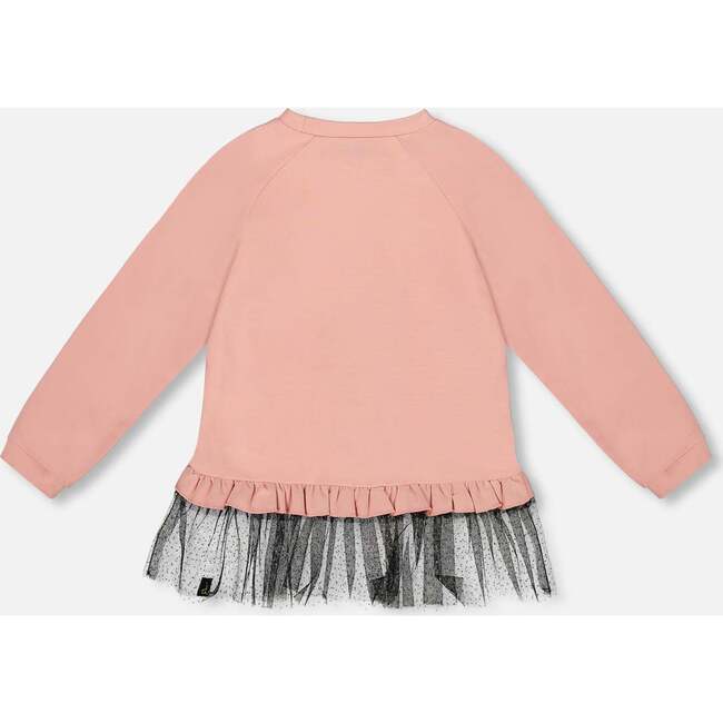 Long Bi-Material Top with Mesh Ruffle Hem and Leopard Print, Dusty Pink - Sweatshirts - 3