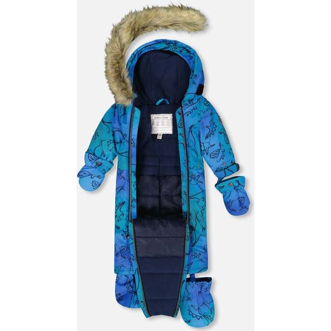 One-Piece Baby Play Snowsuit Designed for Car Seat, Blue Gradient Dinosaur Print - Snowsuits - 5