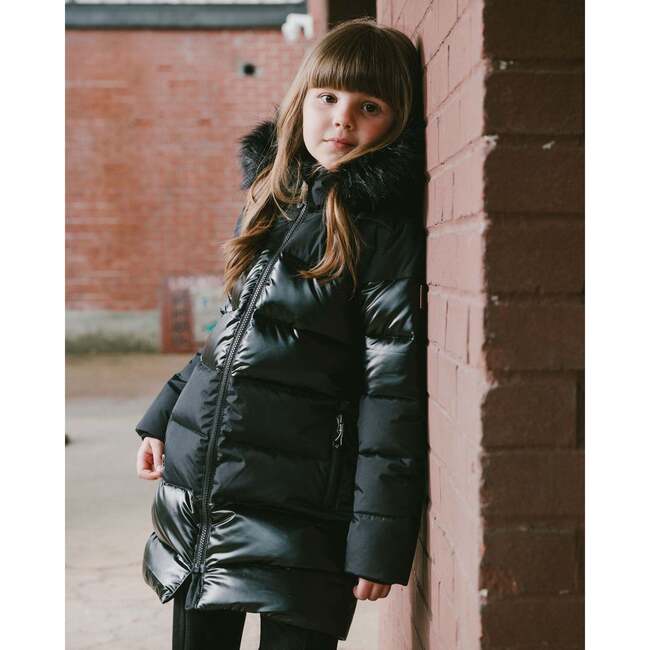 Long Metallic Puffy Coat, Black - Jackets - 3