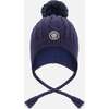 Lined Winter Hat with Pompom, Navy Blue - Winter Hats - 1 - thumbnail