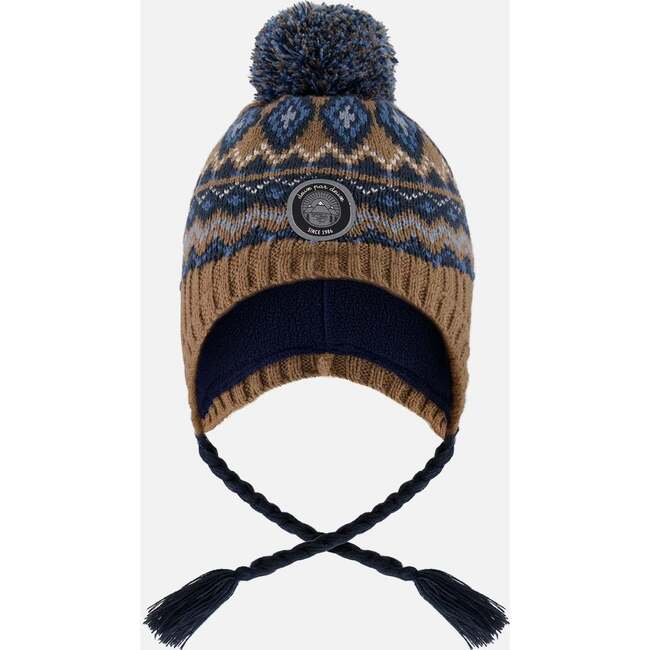 Lined Peruvian Knit Pompom Hat, Taupe and Navy