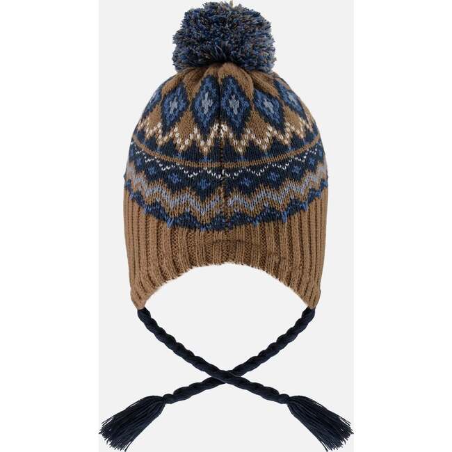 Lined Peruvian Knit Pompom Hat, Taupe and Navy - Winter Hats - 3