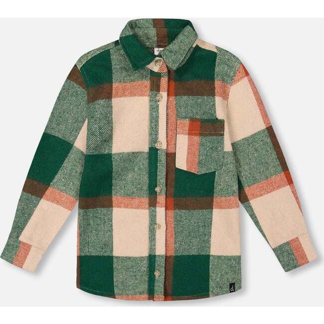 Long Sleeve Yarn Dyed Plaid Shirt Green and Orange, Green, Orange and Off-White