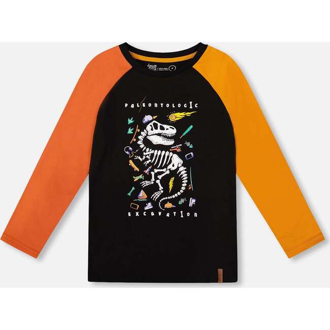 Long Sleeve Raglan T-Shirt with Glow-In-The-Dark Dinosaur Print, Black