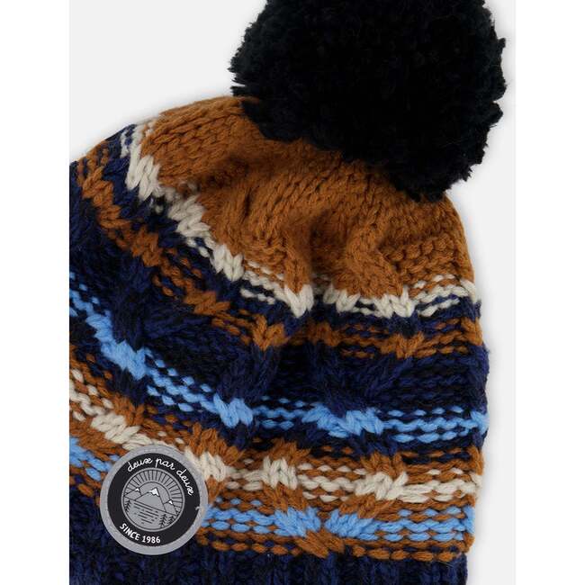 Lined Peruvian Knit Winter Hat with Pompom, Taupe and Navy - Winter Hats - 4
