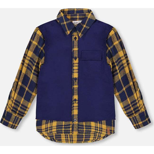 Long Sleeve Plaid Flannel Shirt with Solid Vest Blue and Ocher, Blue and Ochre - Sweatshirts - 1
