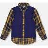 Long Sleeve Plaid Flannel Shirt with Solid Vest Blue and Ocher, Blue and Ochre - Sweatshirts - 1 - thumbnail