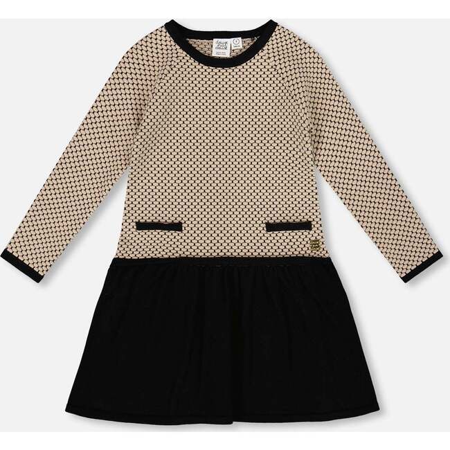 Long Sleeve Knit Sweater Dress and Beige, Black