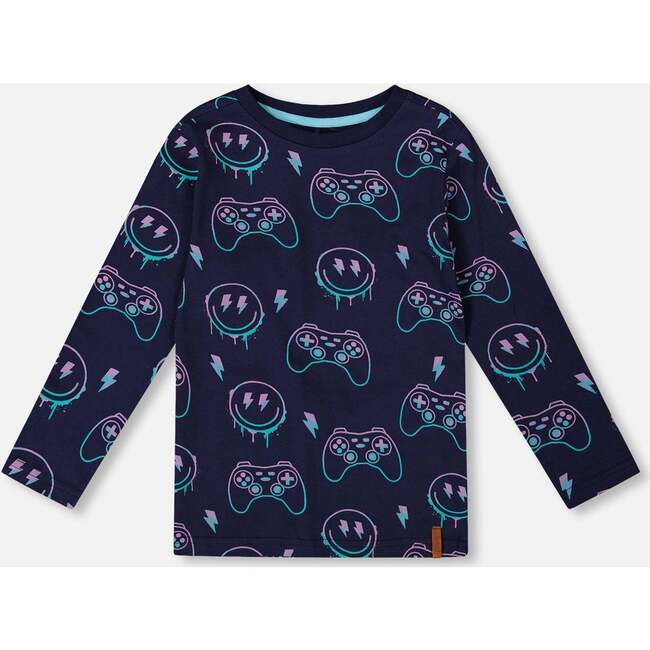 Long Sleeve Organic Cotton Allover Print Tee, Navy Blue