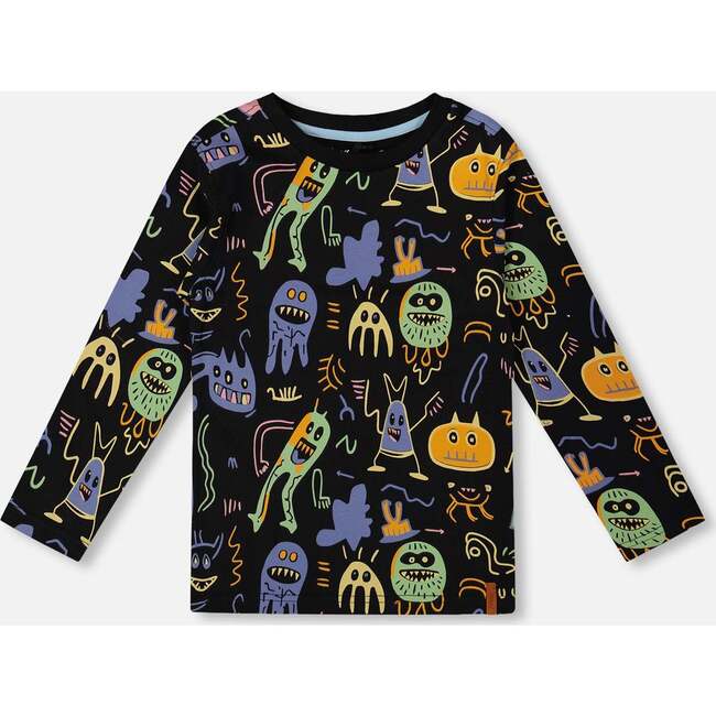 Long Sleeve Organic Cotton Allover Monsters Print Tee, Black