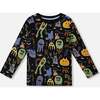 Long Sleeve Organic Cotton Allover Monsters Print Tee, Black - Sweatshirts - 1 - thumbnail