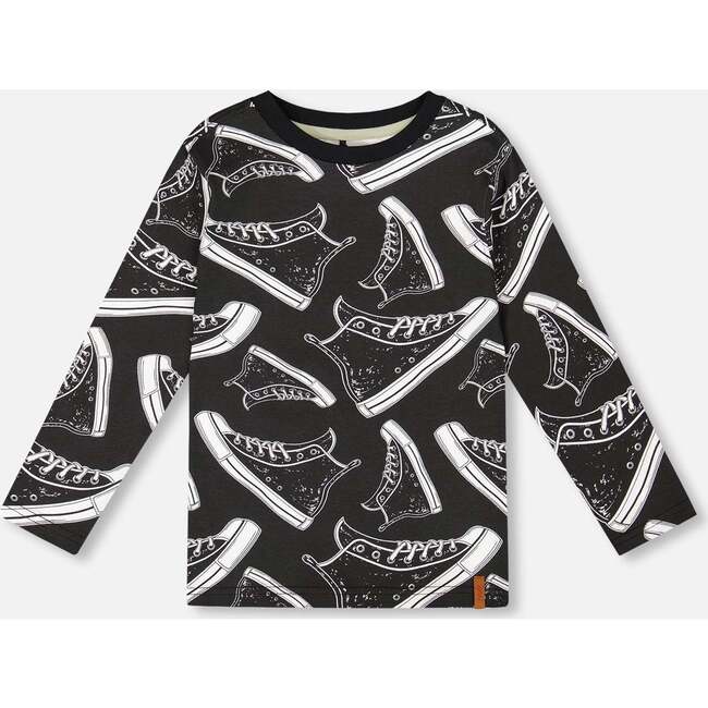 Long Sleeve Organic Cotton Allover Print Tee, Black