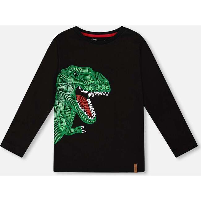 Long Sleeve Jersey Tee Shirt with Dinosaur, Black