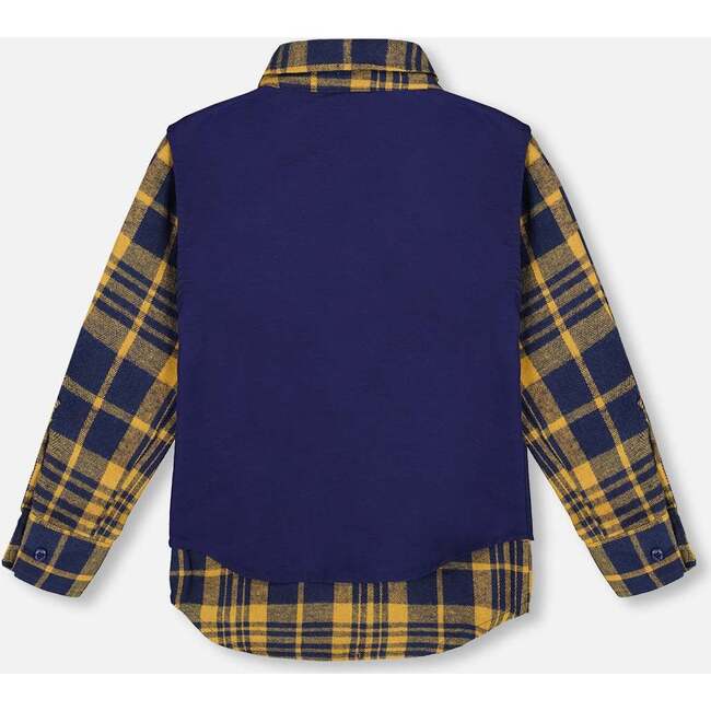 Long Sleeve Plaid Flannel Shirt with Solid Vest Blue and Ocher, Blue and Ochre - Sweatshirts - 3
