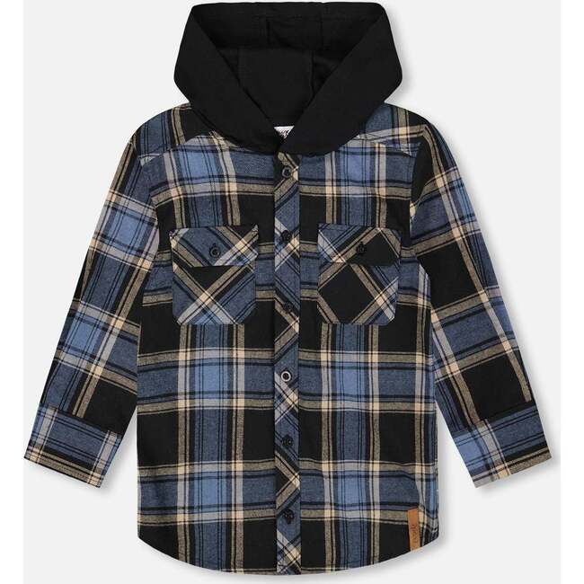 Long Sleeve Hooded Flannel Shirt, Blue and Black