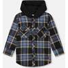 Long Sleeve Hooded Flannel Shirt, Blue and Black - Sweatshirts - 1 - thumbnail