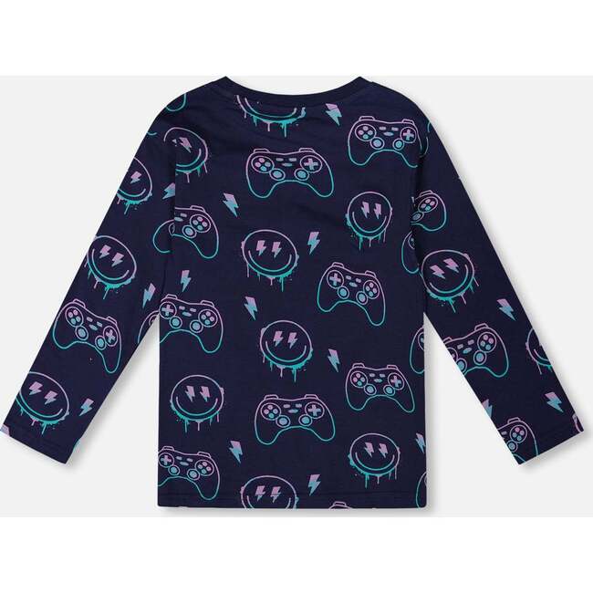Long Sleeve Organic Cotton Allover Print Tee, Navy Blue - Sweatshirts - 3
