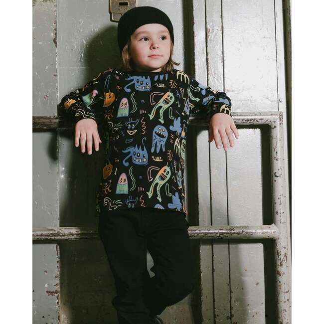 Long Sleeve Organic Cotton Allover Monsters Print Tee, Black - Sweatshirts - 2