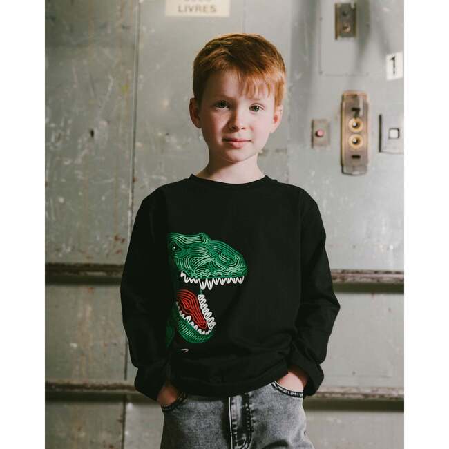 Long Sleeve Jersey Tee Shirt with Dinosaur, Black - Sweatshirts - 2