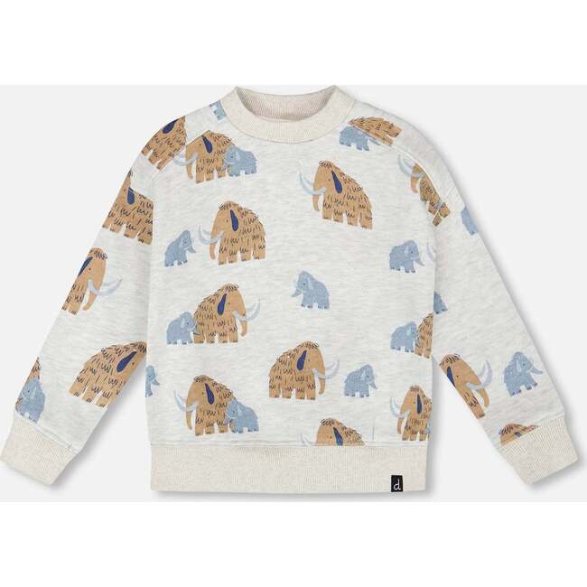 Long Sleeve Crew Neck Fleece Sweatshirt, Beige Mammoth Print
