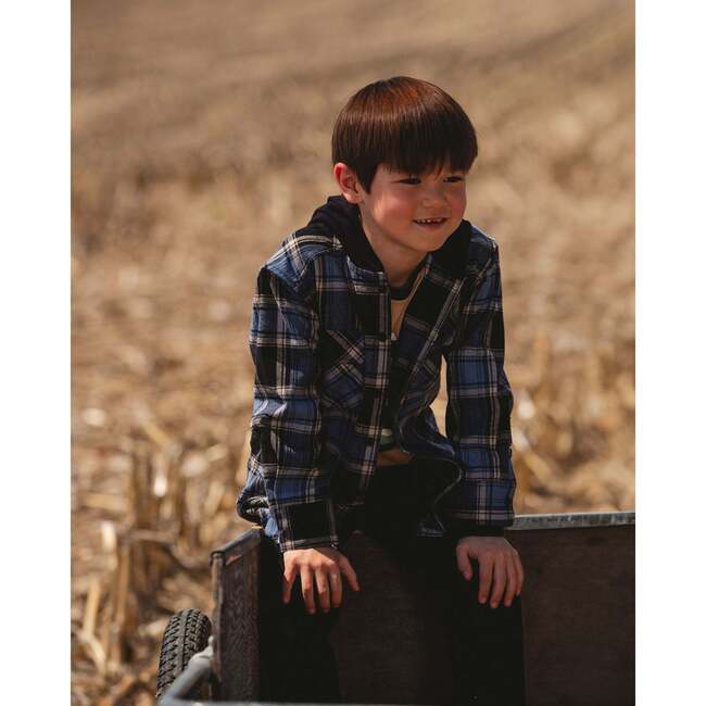 Long Sleeve Hooded Flannel Shirt, Blue and Black - Sweatshirts - 2