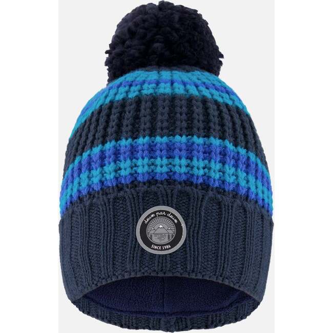 Lined Knit Winter Hat with Pompom, Black and Blue