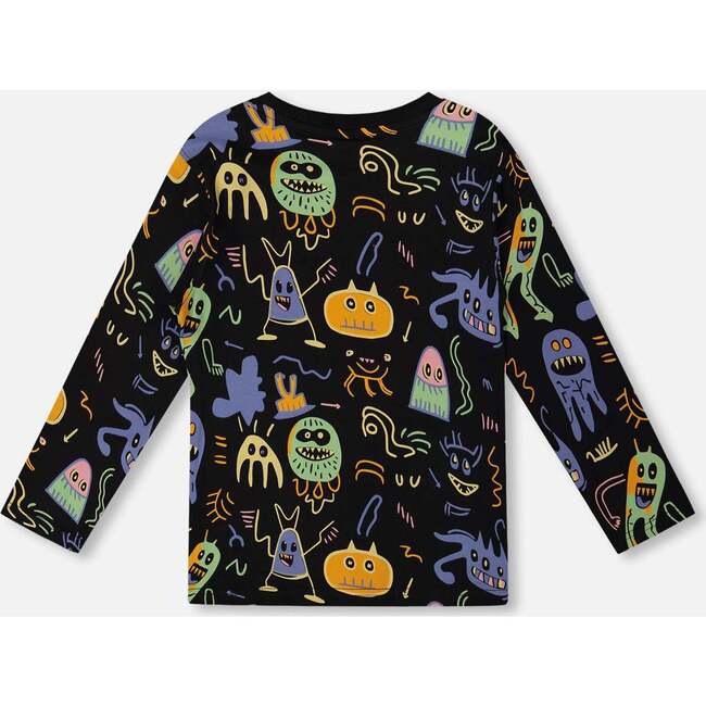 Long Sleeve Organic Cotton Allover Monsters Print Tee, Black - Sweatshirts - 4