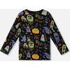 Long Sleeve Organic Cotton Allover Monsters Print Tee, Black - Sweatshirts - 4
