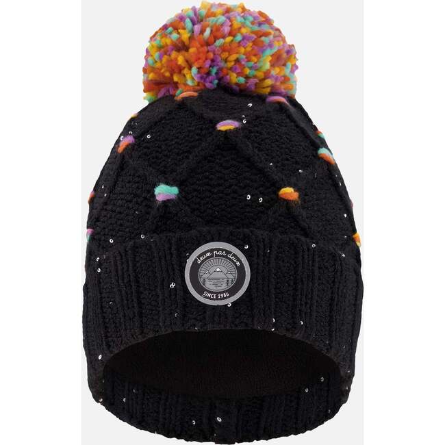 Lined Knit Pompom Hat with Little Sequins, Black and Multicolor