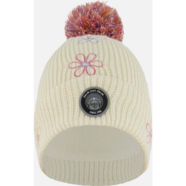 Lined Knit Pompom Hat, Off-White and Pink