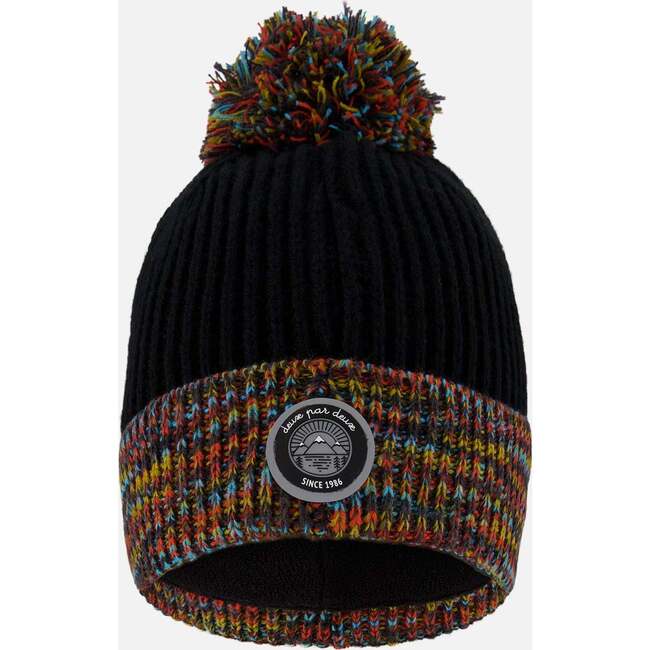 Lined Knit Winter Hat with Pompom, Black and Multicolor