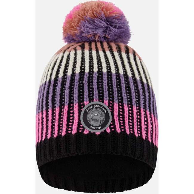Lined Knit Pompom Hat, Pink and Purple and Black