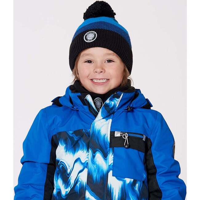Lined Knit Winter Hat with Pompom, Black and Blue - Winter Hats - 2