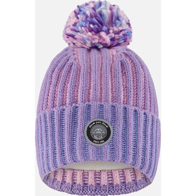 Lined Knit Pompom Hat, Blue, Purple and Pink