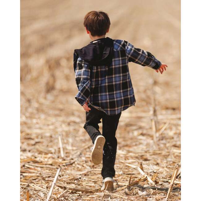 Long Sleeve Hooded Flannel Shirt, Blue and Black - Sweatshirts - 3