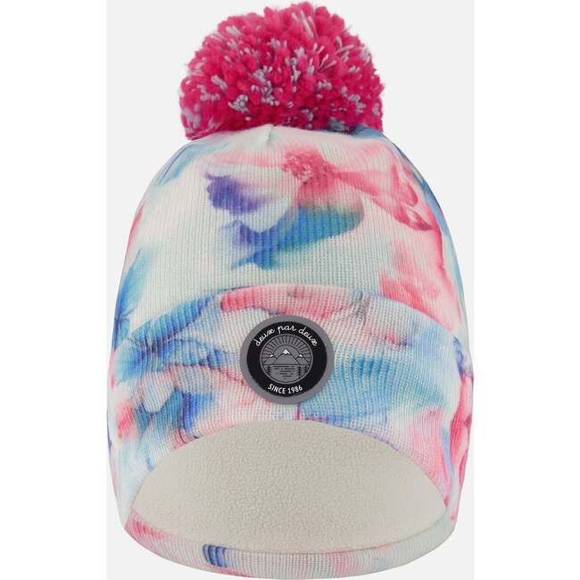 Lined Knit Pompom Hat, Blue Flower Print