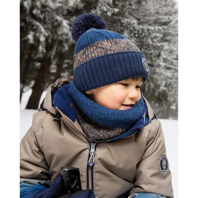 Lined Knit Pompom Hat, Taupe and Navy - Winter Hats - 2