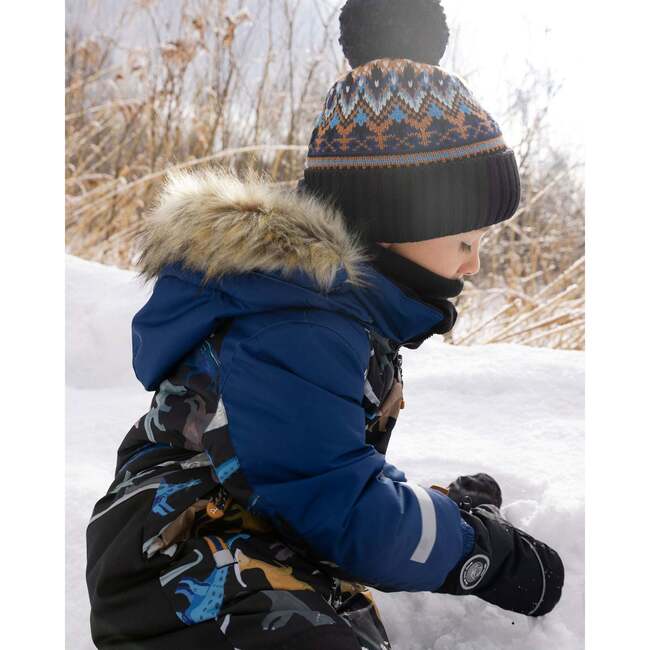 Lined Knit Winter Hat with Pompom, Taupe and Navy - Winter Hats - 3