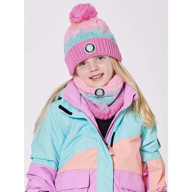 Lined Knit Pompom Hat, Pink, Orange and Turquoise - Winter Hats - 2