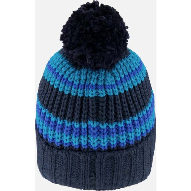 Lined Knit Winter Hat with Pompom, Black and Blue - Winter Hats - 3