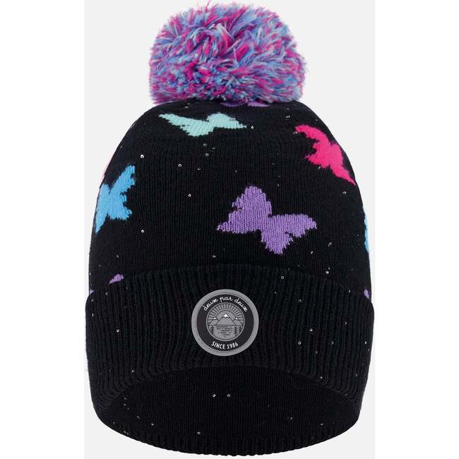 Lined Knit Pompom Hat, Black Butterfly Pattern
